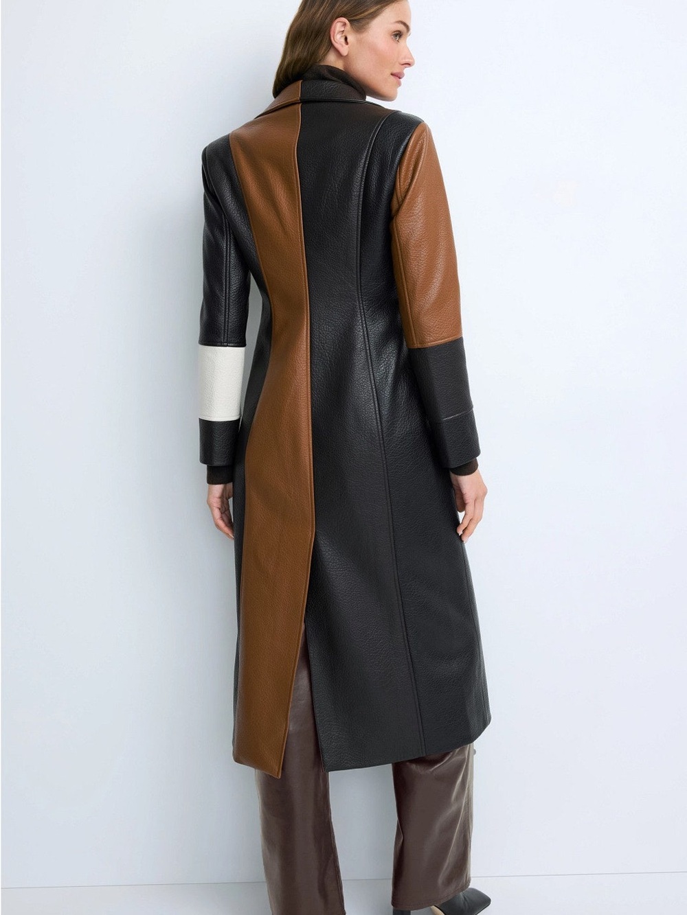 Colorblock Faux-Leather Long Coat in Brown, Dark Brown & Cream - Picture 3 of 9